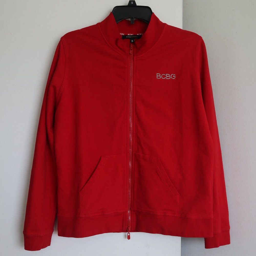 BCBG MaxAzria Red Cotton Zipper Sweatshirt Track Jacket Studs Logo Vintage XL